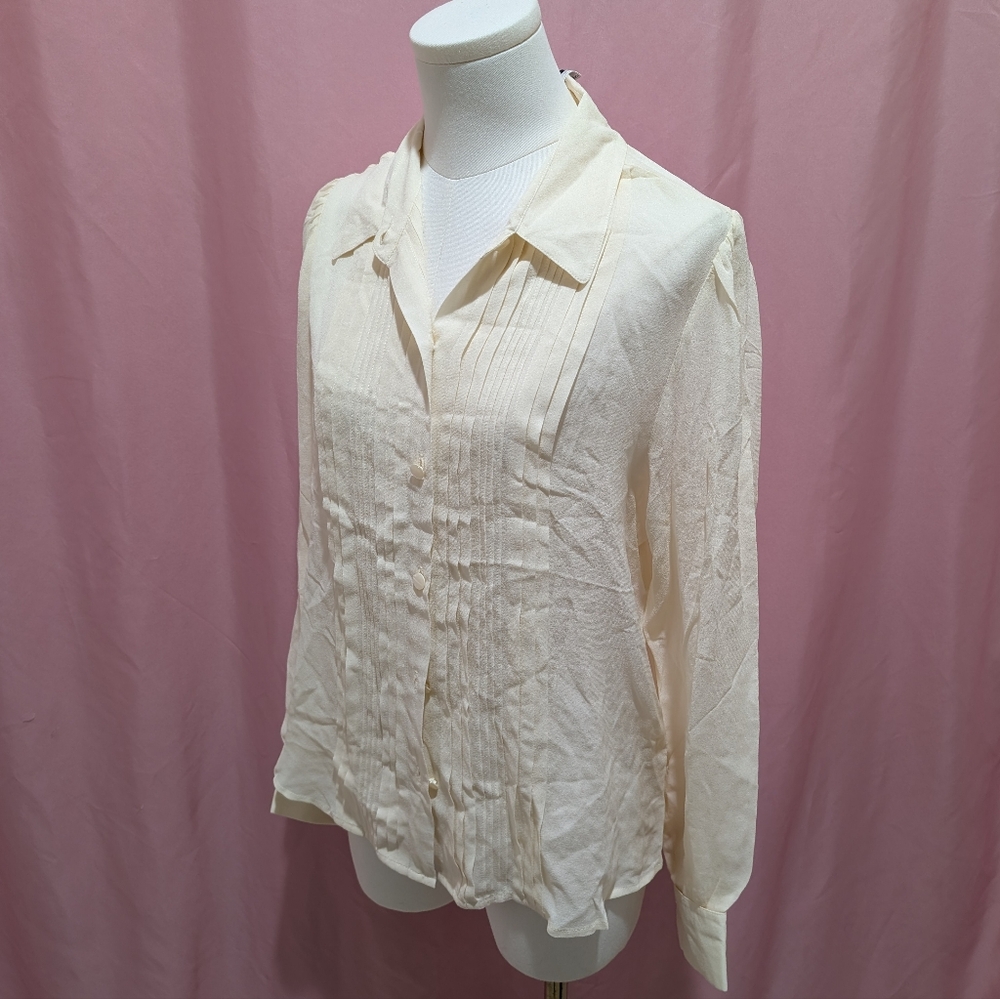 100% Silk Cream Pleated Women's Blouse (Medium)